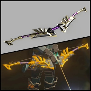 Puede incluir: Un arco dorado y morado con un diseño angular y afilado. El arco está hecho de metal y tiene un patrón intrincado.