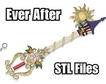 May include: A 3D printed model of a golden keyblade with a white flower design, a sun with a house on top, and the text "Ever After" and "STL Files".