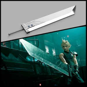 May include: A large, silver Buster Sword with a rectangular blade and a detailed hilt. The sword is featured in a top-down view against a gray background, and in a scene from a video game.