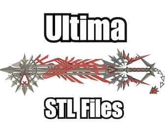 May include: A 3D printed model of the Ultima Weapon from the Kingdom Hearts video game series. The model is made of silver and red plastic and features intricate details. STL Files.