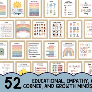 Set mit 52 Lernpostern, ruhige Ecke, Wachstum, Empathie Poster für Kinder, Kleinkind, Spielzimmer Dekor, Montessori, Klassenzimmer, ADHS, Autismus