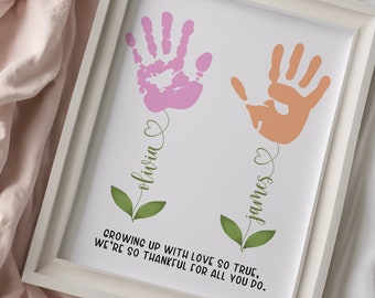 Personligt digitalt utskrivbart handavtryck, blomsterkonst, födelsedagar, mors dag, mormor, babyminnessak DIY, anpassad hantverksaktivitetspresent till mamma