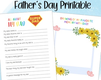 Father's Day Activity Sheet Printable, All About My Dad, DIY Craft for Dad, Kids Dad Gift, Teacher, Daycare, Baby, Preschool, Child Dad Card