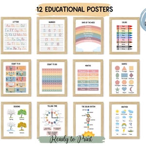 12 affiches pédagogiques pour enfants à imprimer pour l'école à la maison, décoration de salle de jeux pour tout-petits, décoration Montessori, maternelle, affiches d'apprentissage, alphabets