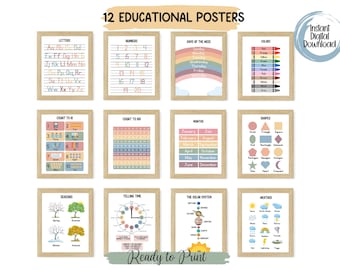 Pósters educativos para niños, 12 imprimibles para la educación en casa, decoración de salas de juegos para niños pequeños, decoración Montessori, preescolar, pósteres de aprendizaje, alfabetos