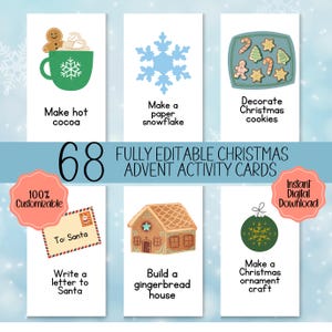 68 tarjetas de Adviento navideñas para niños totalmente editables, tarjetas de Adviento de amabilidad, tarjetas de actividades navideñas, cuenta regresiva de Navidad, imprimibles para niños