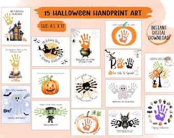 May include: 15 printable Halloween handprint art designs. Each design features a different Halloween theme, such as a witch, a pumpkin, a ghost, and a spider. The designs are perfect for creating personalized Halloween crafts with children.