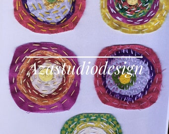 Printable physical embroidery slow stitch fabric circles, embroidery designs, embroidery circles, colorful circles, junk journal ephemera.