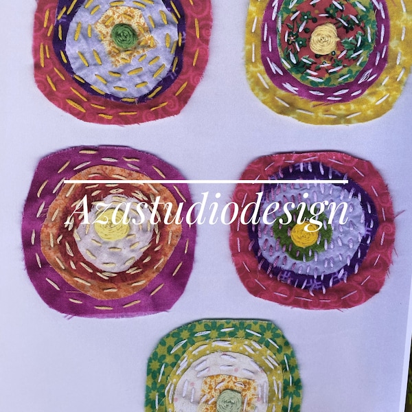 Printable physical embroidery slow stitch fabric circles, embroidery designs, embroidery circles, colorful circles, junk journal ephemera.