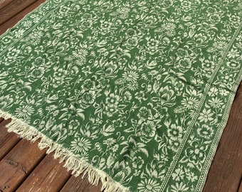 LEAF GREEN Floral Antique/Vintage Woven Coverlet/Throw/Bedspread/Blanket/Carriage Blanket. Wool + Natural Cotton. Overshot