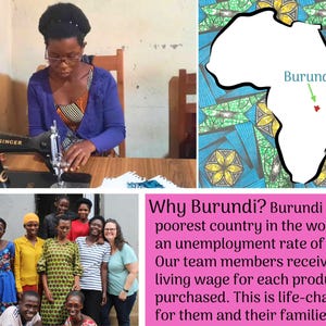 Może przedstawiać: Kolaż przedstawiający kobietę przy maszynie do szycia Singer, mapę Burundi i grupę ludzi. Tekst wyjaśnia ub&oacute;stwo i wysokie bezrobocie w Burundi. Członkowie zespołu otrzymują godziwe wynagrodzenie.