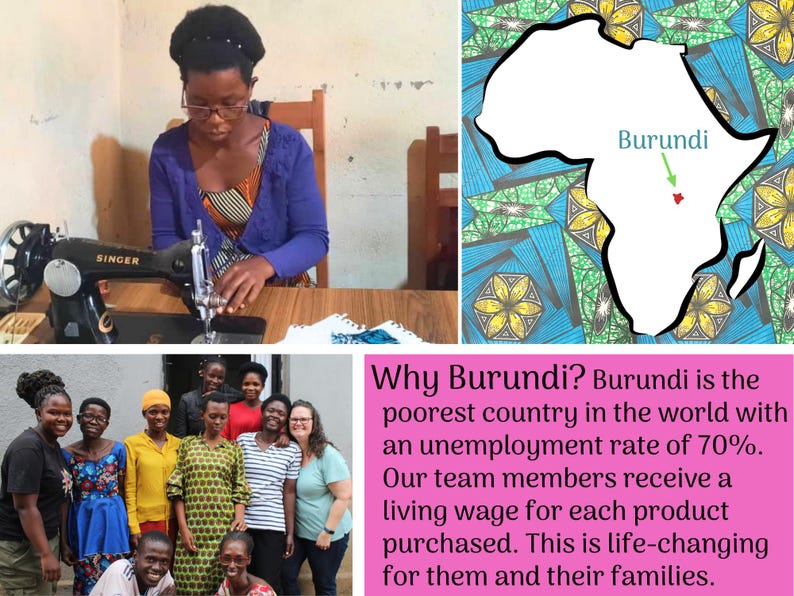 Może przedstawiać: Kolaż przedstawiający kobietę przy maszynie do szycia Singer, mapę Burundi i grupę ludzi. Tekst wyjaśnia ub&oacute;stwo i wysokie bezrobocie w Burundi. Członkowie zespołu otrzymują godziwe wynagrodzenie.