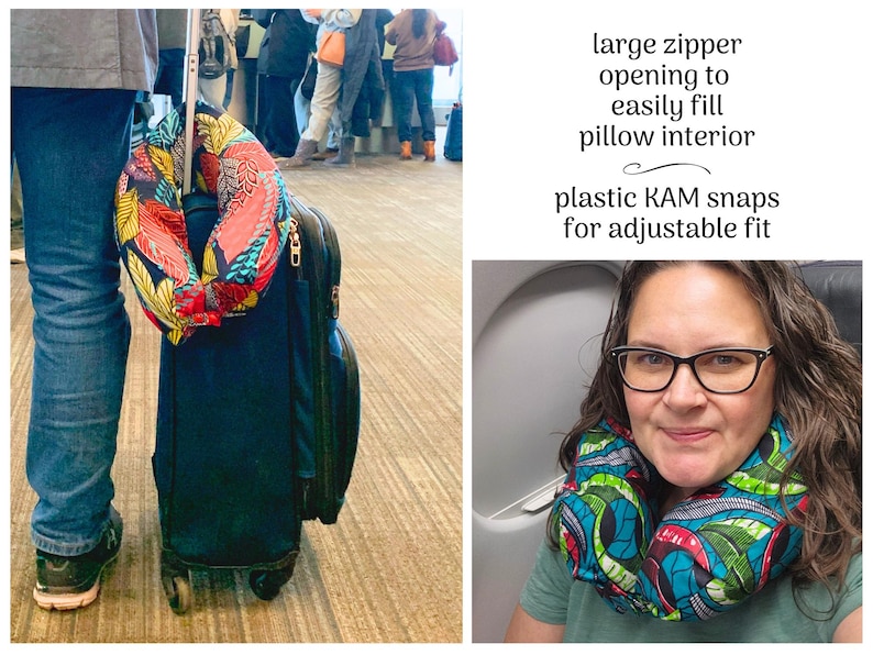 May include: A colorful travel neck pillow with a vibrant floral pattern is draped over a rolling suitcase. The pillow has a large zipper opening and plastic snaps for an adjustable fit. The image also shows a person wearing the pillow.