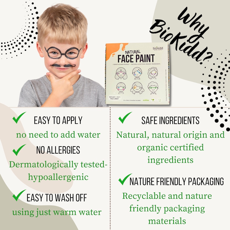 BioKidd Natürliches Gesicht Körper malen Make Up Waschbare Creme Kit für empfindliche Haut Gesichts Malen Set für Kinder 10 Farben 2 Pinseln Bild 2