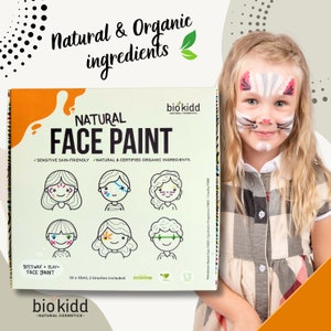 BioKidd Natural Face Body Paint Makeup Washable Cream Kit for Sensitive Skin - Face Painting Set for Kids - 10 Colours + 2 Brushes