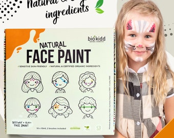Kit de maquillage crème lavable pour le visage naturel BioKidd pour peau sensible - Kit de maquillage pour enfants - 10 couleurs + 2 pinceaux