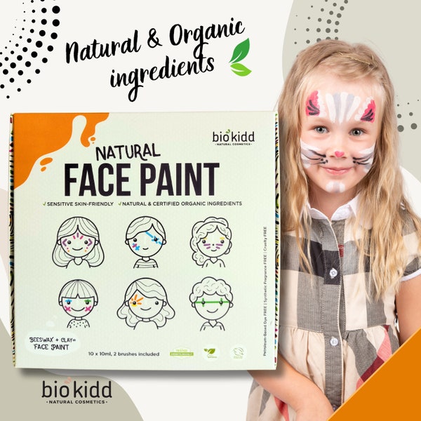 Kit de maquillage crème lavable pour le visage naturel BioKidd pour peau sensible - Kit de maquillage pour enfants - 10 couleurs + 2 pinceaux