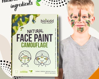 BioKidd Kit de Pintura Natural para Cara y Cuerpo Camuflaje del Ejército Lavable en Crema para niños y Adultos - Set de Pintura Facial - 3 Colores + Pincel