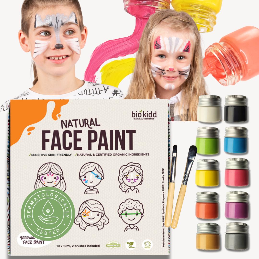 BioKidd Natural Face Body Paint Makeup Washable Cream Kit for Sensitive Skin - Face Painting Set for Kids - 10 Colours + 2 Brushes