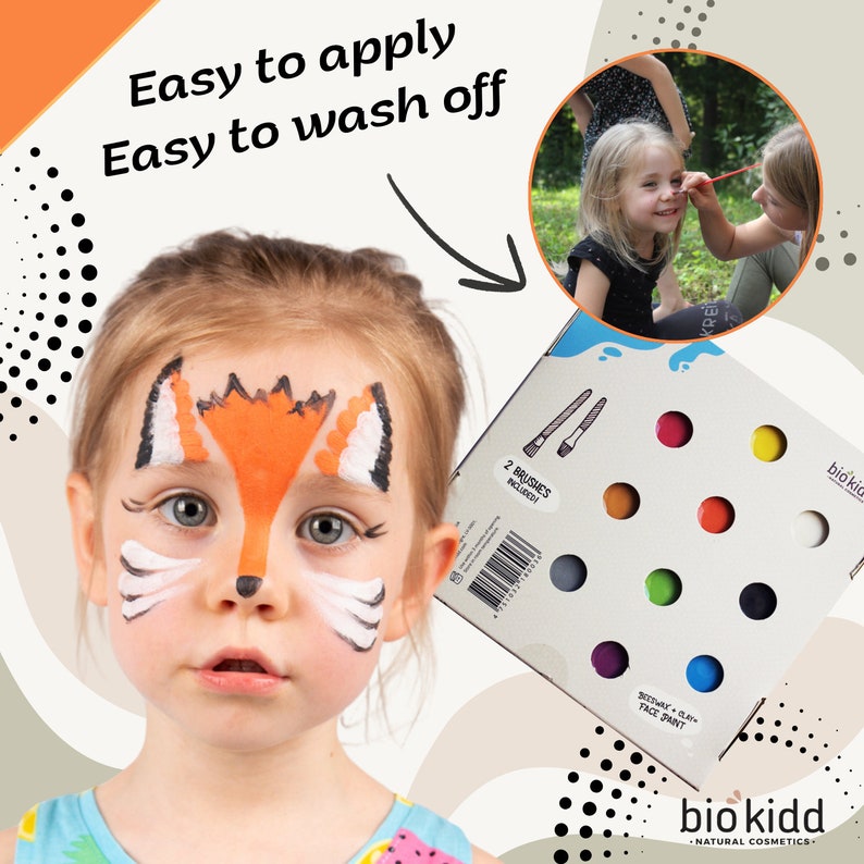 BioKidd Natürliches Gesicht Körper malen Make Up Waschbare Creme Kit für empfindliche Haut Gesichts Malen Set für Kinder 10 Farben 2 Pinseln Bild 3