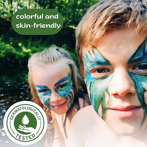 BioKidd Natürliches Gesicht Körper malen Make Up Waschbare Creme Kit für empfindliche Haut Gesichts Malen Set für Kinder 10 Farben 2 Pinseln Bild 4