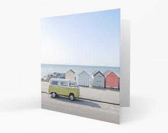 Greetings Card - VW Campervan - Beach Huts by the Sea. Vanlife Photograph Gifts by Alan Copson