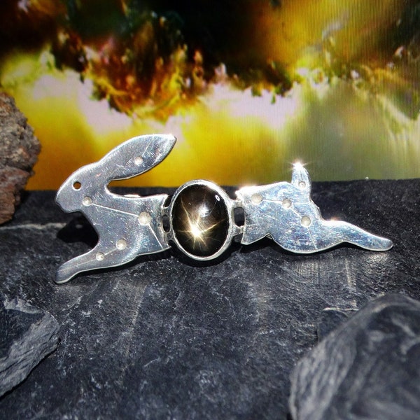 Forged star, pin in silver and black star sapphire with 12 rays: “Arneb” du Lièvre