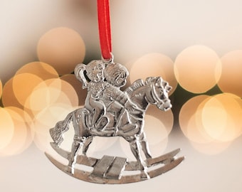 Handmade Pewter Boy Girl Rocking Horse Christmas Ornament, Kids Christmas Tree Decorations, Small Child Christmas Gift