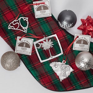 Hand Casted Pewter South Carolina Ornament Set: Palmetto & Flag