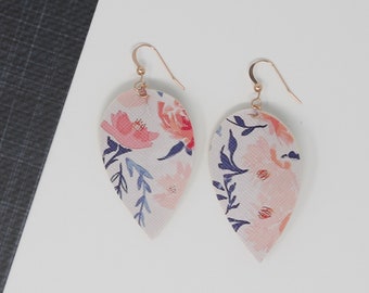 Pinched | Faux Leather Earrings | Floral | Blue & Blush Pink