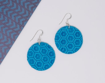 Suede | Genuine Leather | Earrings | Circle | Honeycomb | Sky Blue | Textured | Silver