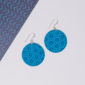 Suede | Genuine Leather | Earrings | Circle | Honeycomb | Sky Blue | Textured | Silver