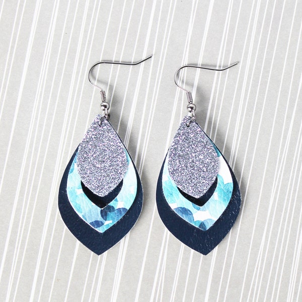 Faux Leather Earrings | Layered | Pointed Teardrop | Navy | Watercolor Polka Dots | Gunmetal Glitter | Sterling Silver