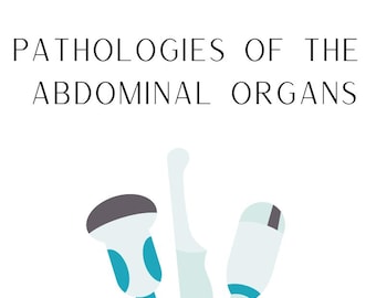 May include: Three medical ultrasound probes, one with a blue and grey handle, one with a white handle, and one with a light blue handle. The probes are connected to cables. The text "PATHOLOGIES OF THE ABDOMINAL ORGANS" is at the top of the image.