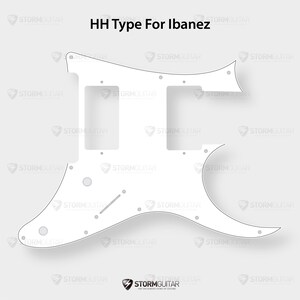 May include: White guitar body template for an HH type Ibanez guitar. The template shows the placement of the pickups, controls, and other hardware.