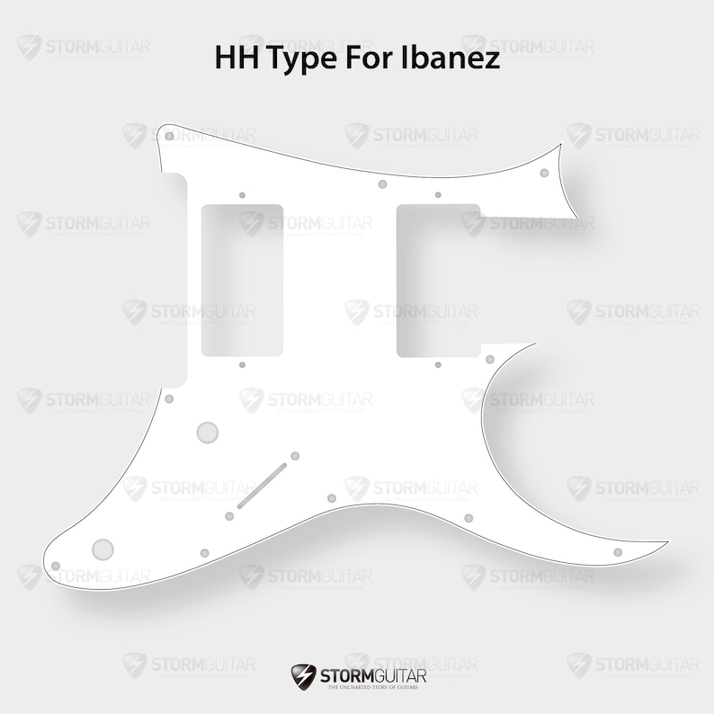 May include: White guitar body template for an HH type Ibanez guitar. The template shows the placement of the pickups, controls, and other hardware.