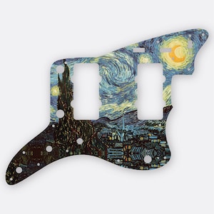 May include: A guitar pickguard with a blue and yellow starry night design. The pickguard has three cutouts for pickups and a cutout for a control knob.