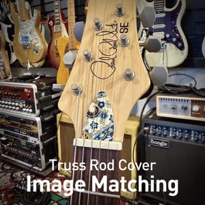 May include: Close-up of a guitar headstock with the text "Paul Reed Smith SE". The headstock is light wood with tuning pegs and a decorative truss rod cover with a blue and white floral design. The text "Truss Rod Cover Image Matching" is at the bottom.