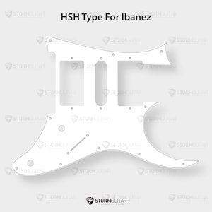 May include: White guitar body template for an HSH pickup configuration. The template is designed for Ibanez guitars and includes markings for the pickup locations, control knobs, and other hardware.