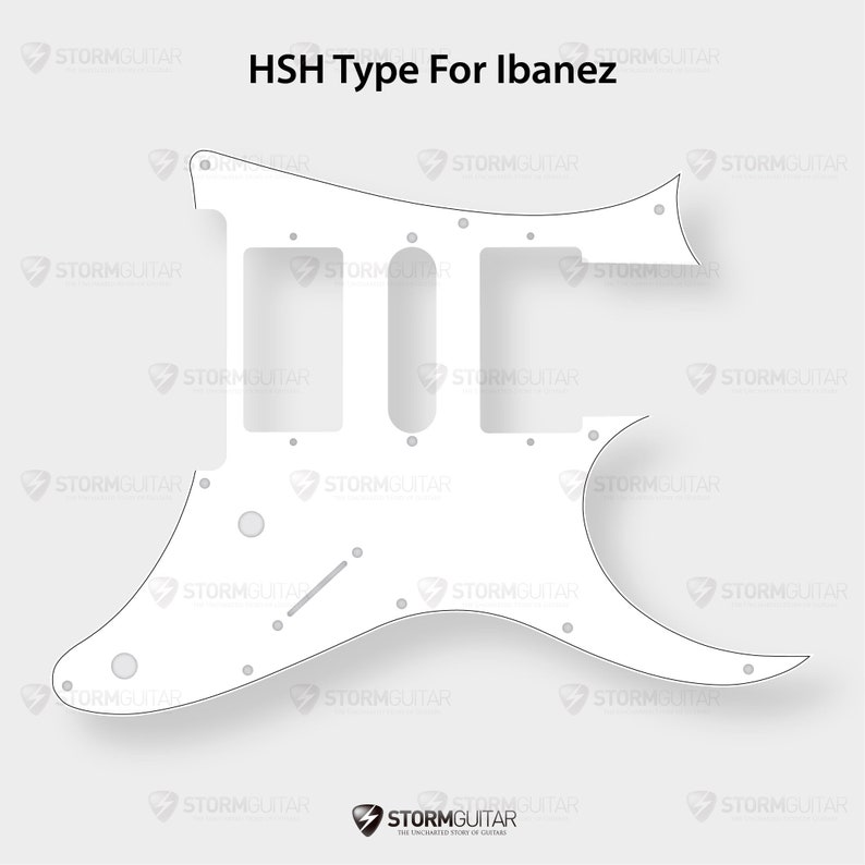 May include: White guitar body template for an HSH pickup configuration. The template is designed for Ibanez guitars and includes markings for the pickup locations, control knobs, and other hardware.