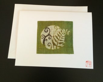 Hand-dyed Japanese textile art card -- Fern