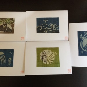 Cartes d’art textile japonaises teints à la main, ensemble de 5, thème de la côte ouest