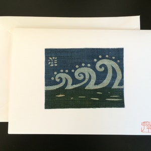 carte d’art d’océan, carte d’art de vagues, art textile japonais, art naturel de colorant, carte de voeux d’art blanc