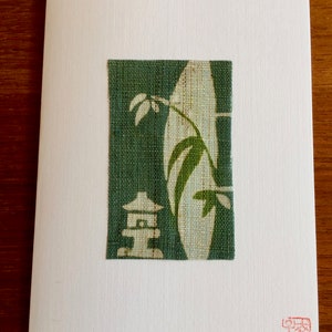Cartão de arte têxtil japonês, Cartão de bambu, Jardim japonês, Cartão de arte em branco, Cartão de arte de aniversário, Arte com corante natural, Arte japonesa, Arte têxtil