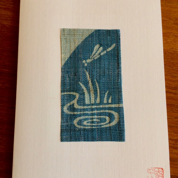 Japanese textile art cards, Dragon fly card, Natural dye art, Japanese art, Original Blank card, Indigo card,