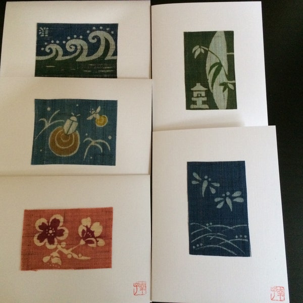 Original Japanese textile art card, set of 5, Natural dye, Blank Greeting card, waves, Cherry blossom, Firefly, Dragon fly, Japanese garden