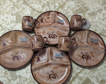 Vintage 1950s Fred Roberts Del Coronado 8 pc set 4 mugs and 4 divided plates Western cowboy covered wagon clay pottery dish set