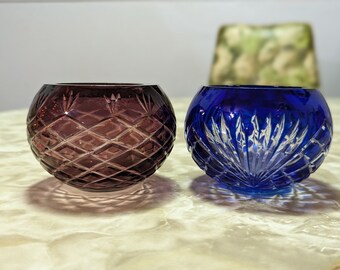 Set of 2 vintage Czech Bohemia crystal votive holders in cobalt blue and maroon