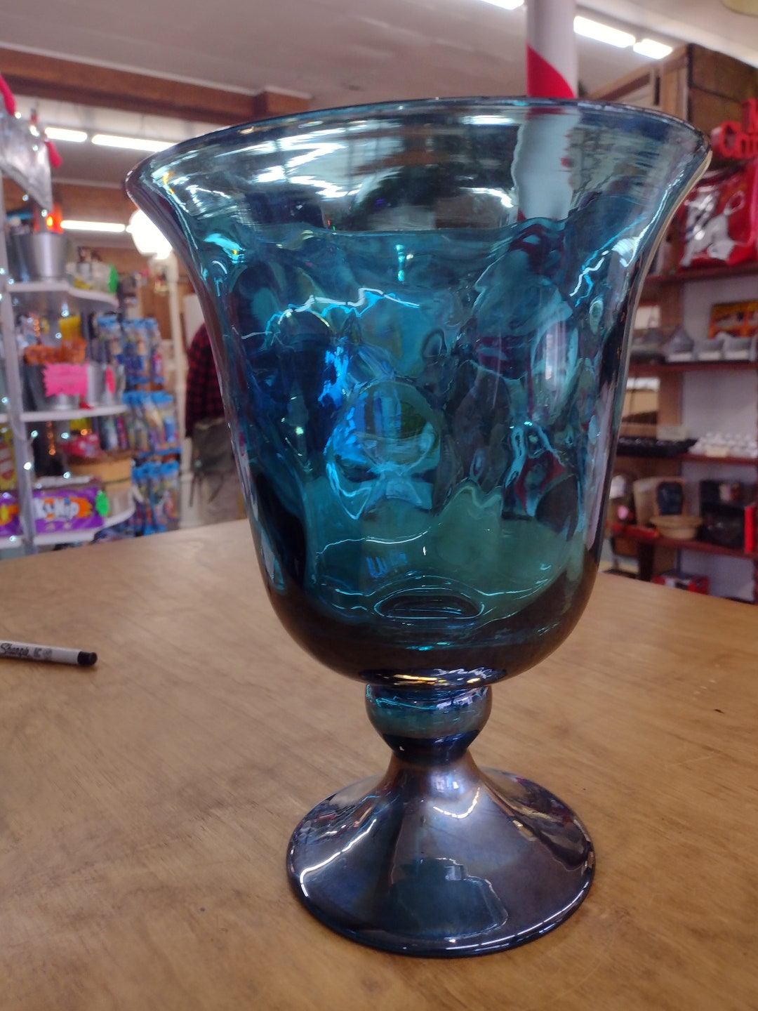 Vintage Blue Bubble Glass Pedestal Vase Etsy