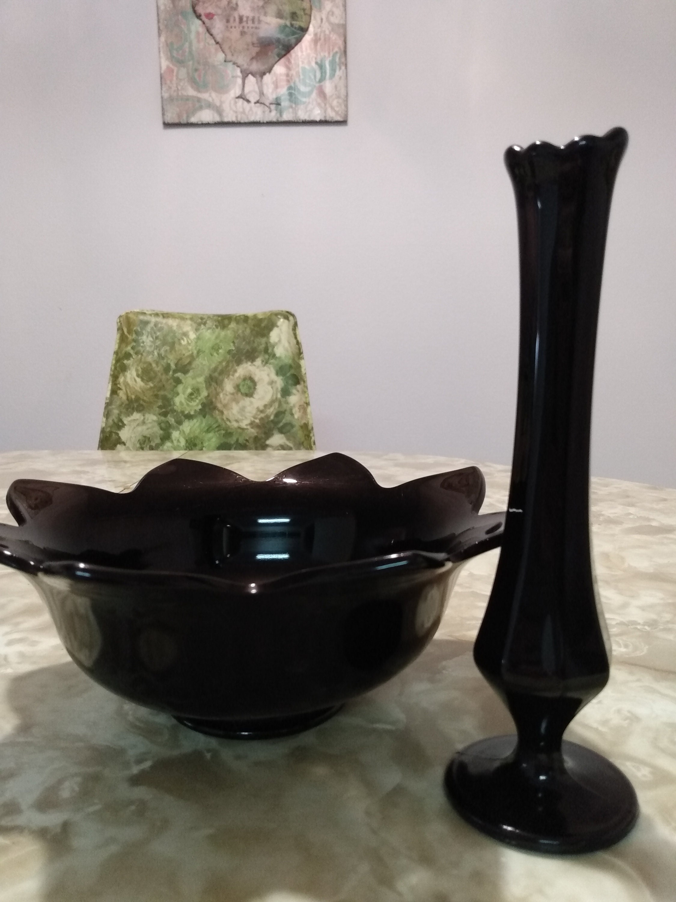 Vintage Black (fenton?) Milk Glass Swung Vase and Sunflower